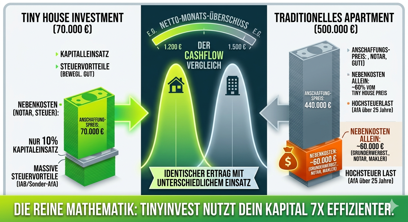 Cashflow-Vergleich: Tiny House Investment 70.000 € vs. Traditionelles Apartment 500.000 € – TinyInvest nutzt dein Kapital 7x effizienter