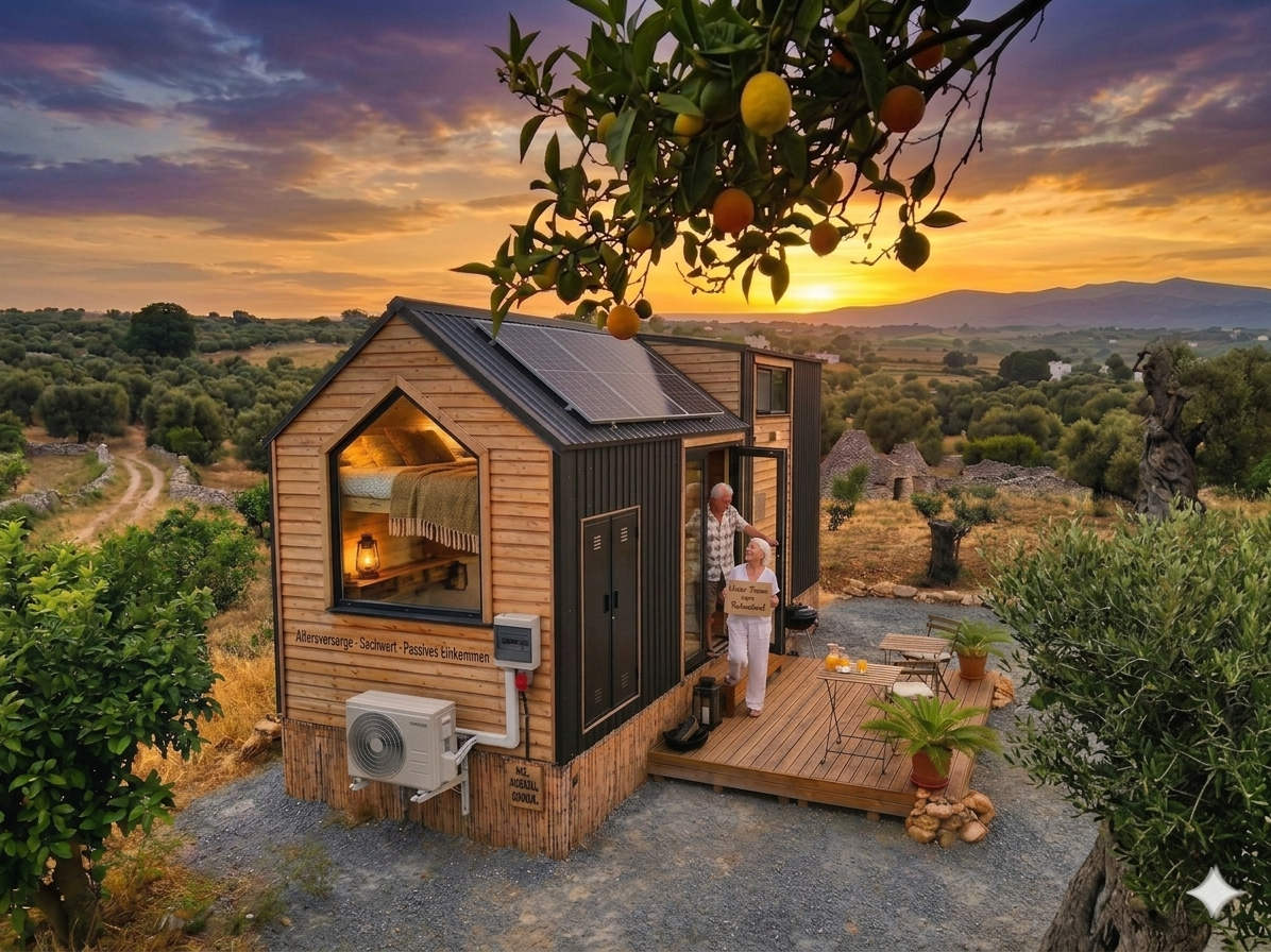 Senioren-Paar vor ihrem Tiny House in Naturlage bei Sonnenuntergang